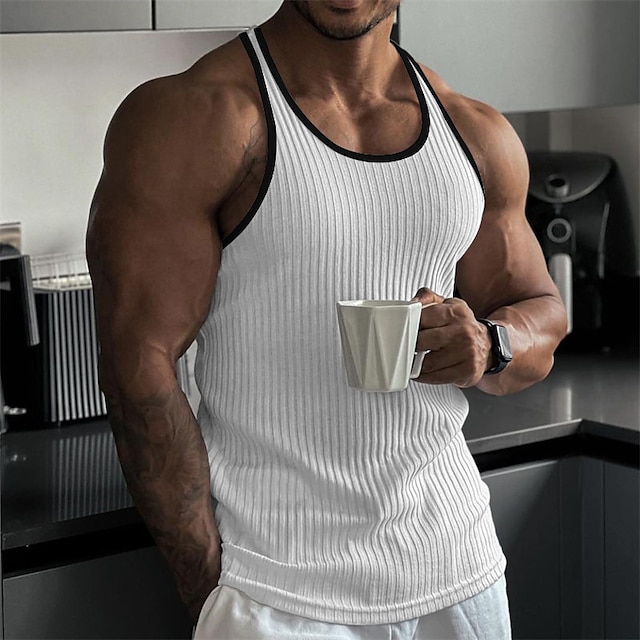 Color Block Rib Knit Tank Top with Pit Strip Design - Designer Fashion for Outdoor and Gym Activities, Crew Neck Sleeveless Muscle Shirt